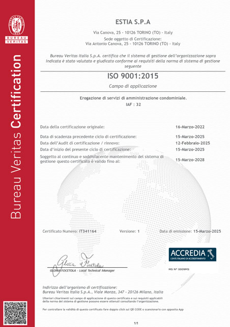 certificato iso 9001 estia 2026